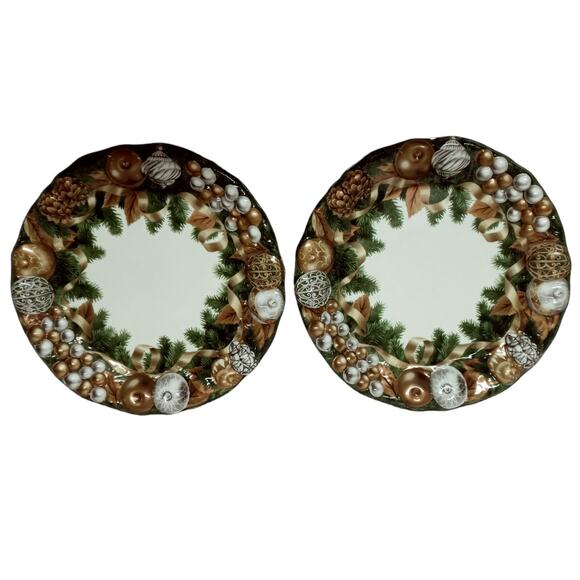 Vintage Green Gold Christmas Serving Trays Platters Decor Set of 2 Plastic 11" - Picture 10 of 11